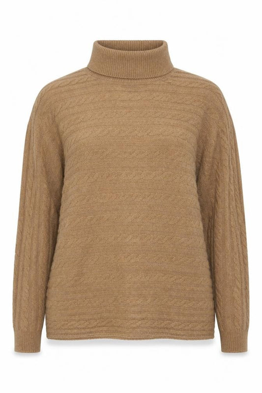 Front view of F&F women’s beige cable-knit roll neck jumper xl