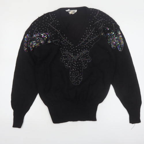 JG Petite Collection Black Sequin Butterfly V-Neck 80s Women's M Jumper