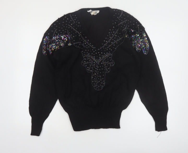 JG Petite Collection Black Sequin Butterfly V-Neck 80s Women's M Jumper