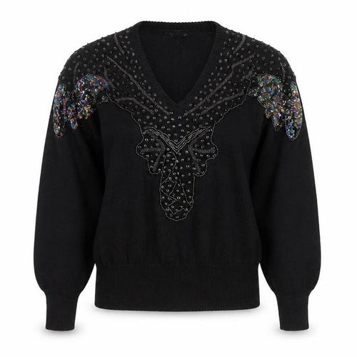 JG Petite Collection Black Sequin Butterfly V-Neck 80s Women's M Jumper
