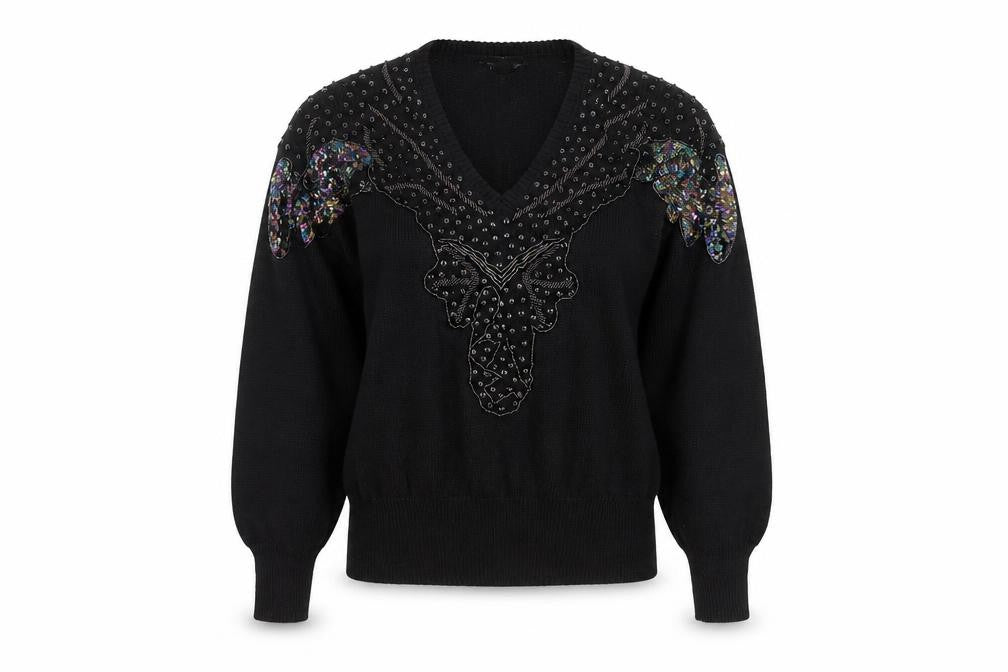 JG Petite Collection Black Sequin Butterfly V-Neck 80s Women's M Jumper