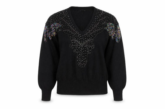 Front view of JG Petite Collection Black Sequin Butterfly V-Neck 80s Women's M Jumper