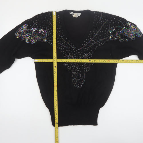 JG Petite Collection Black Sequin Butterfly V-Neck 80s Women's M Jumper