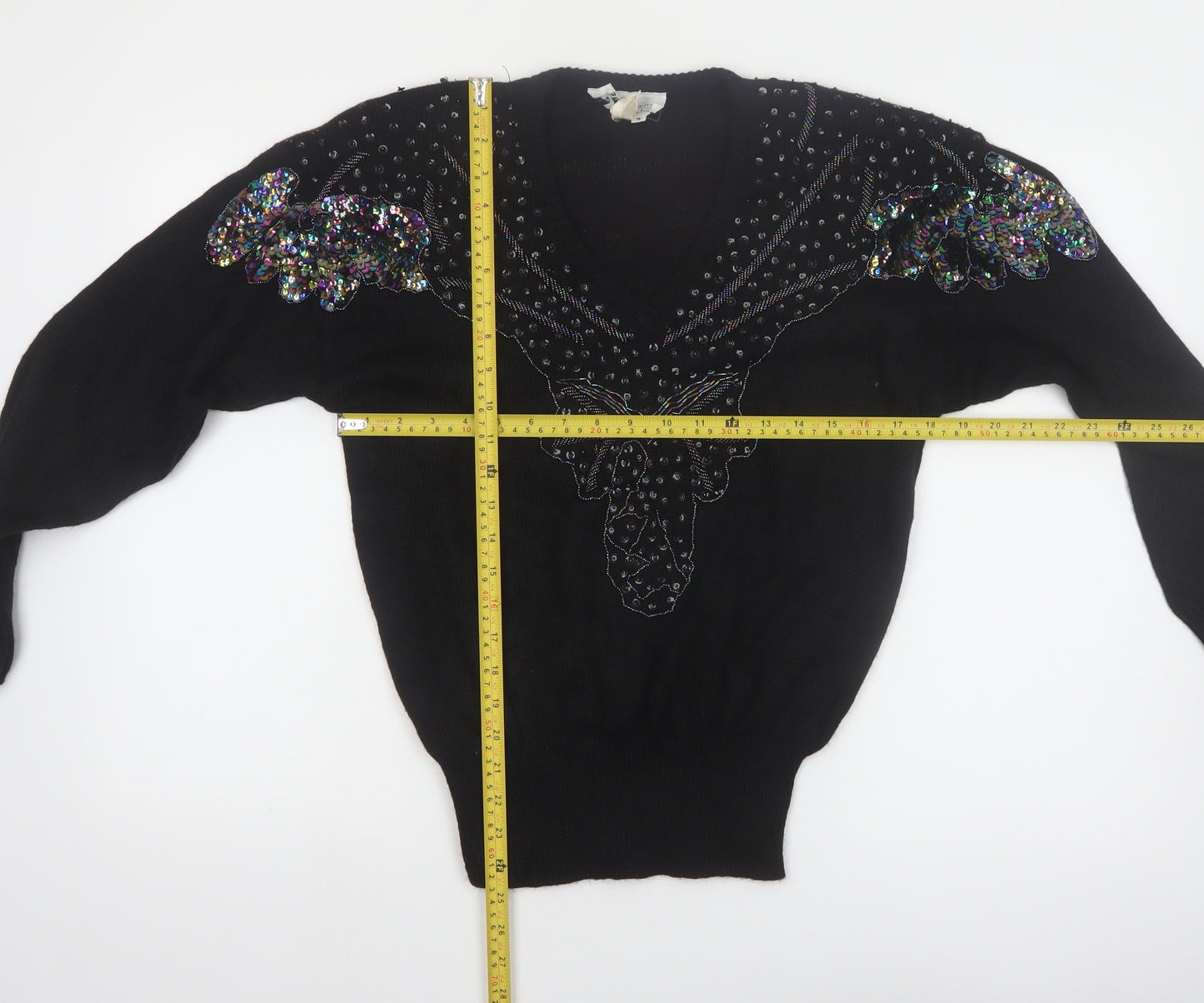 JG Petite Collection Black Sequin Butterfly V-Neck 80s Women's M Jumper