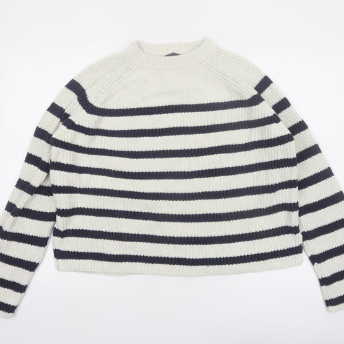 Marks and Spencer Women’s White Navy Striped Mock Neck Cotton Jumper M