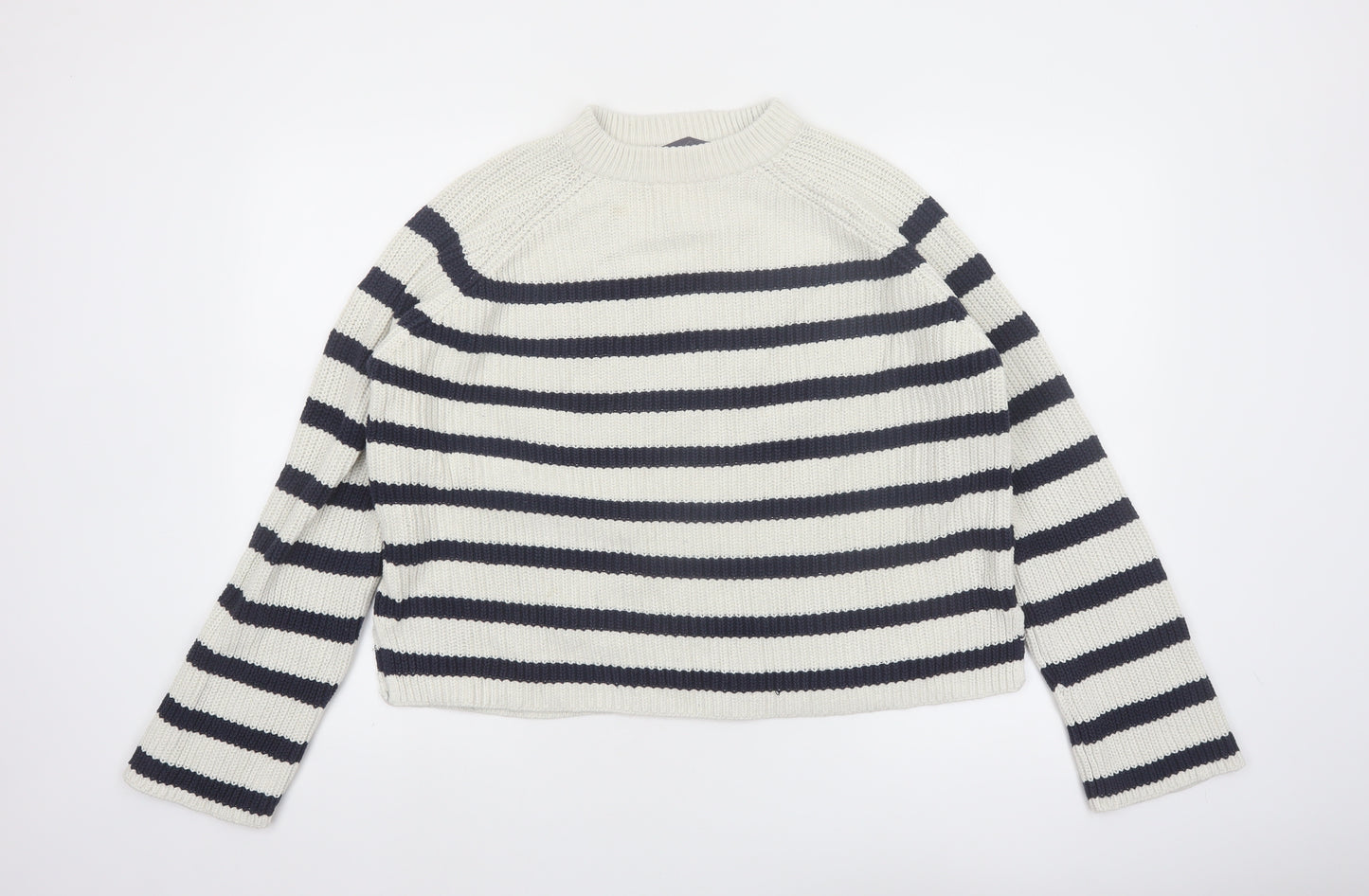Marks and Spencer Women’s White Navy Striped Mock Neck Cotton Jumper M