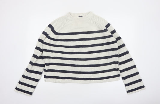 Marks and Spencer Women’s White Navy Striped Mock Neck Cotton Jumper M