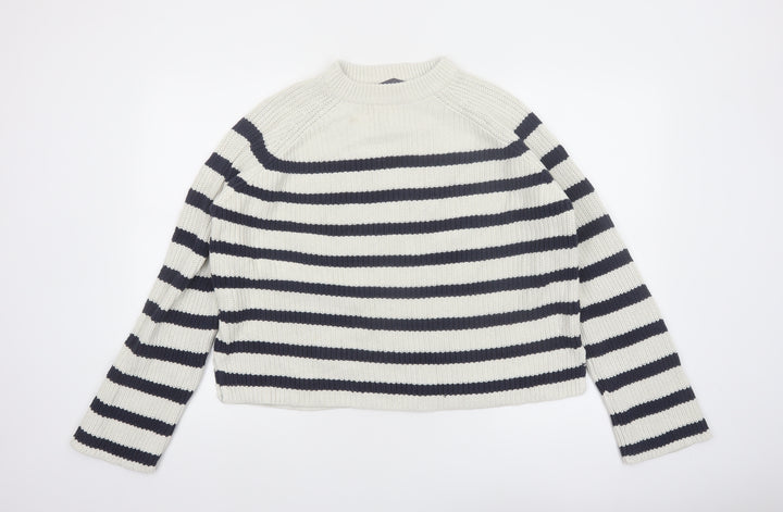 Marks and Spencer Women’s White Navy Striped Mock Neck Cotton Jumper M