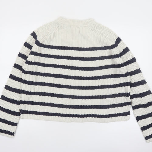 Marks and Spencer Women’s White Navy Striped Mock Neck Cotton Jumper M