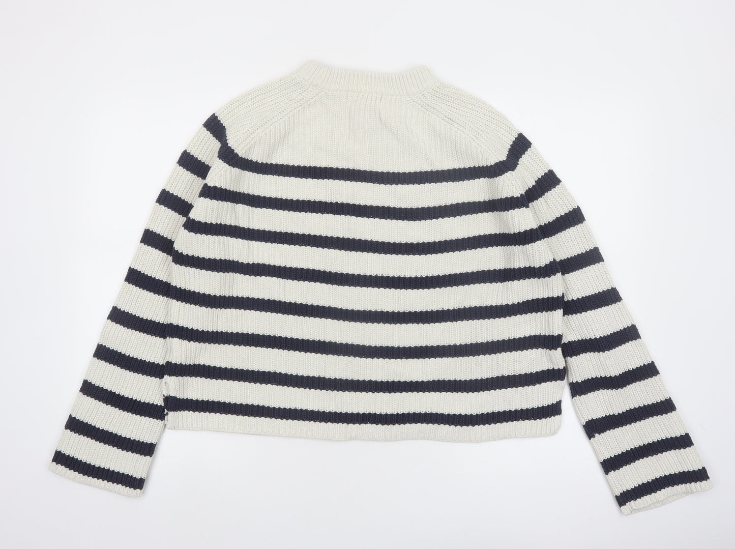 Marks and Spencer Women’s White Navy Striped Mock Neck Cotton Jumper M