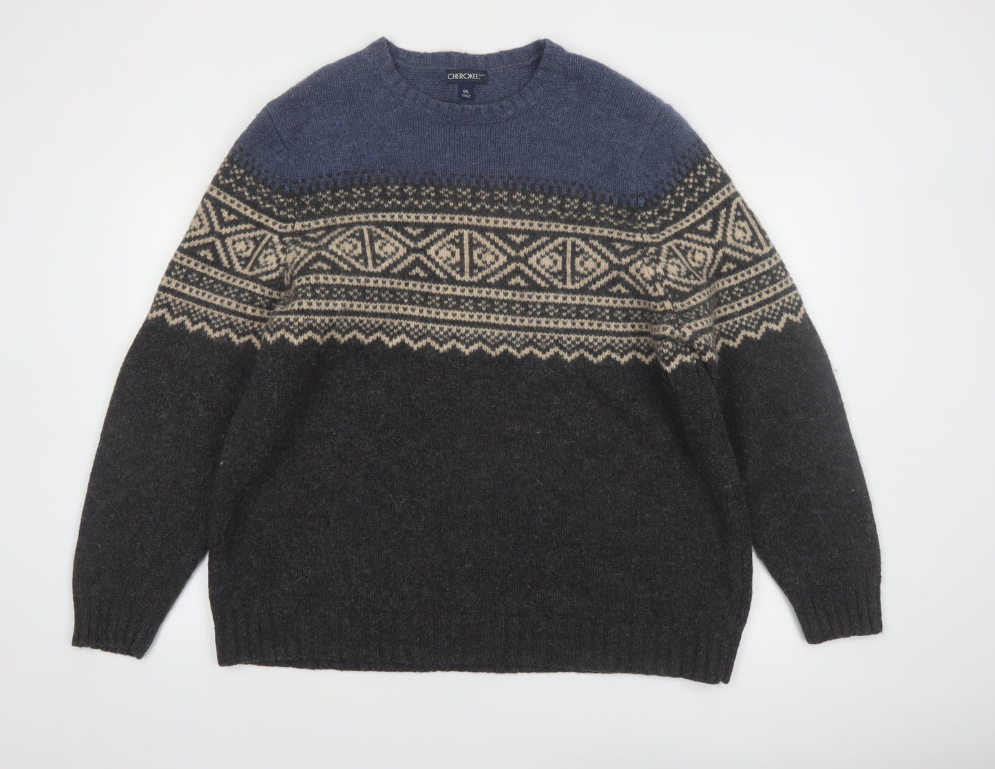 Cherokee Mens Blue Fair Isle Wool Pullover Jumper 2XL