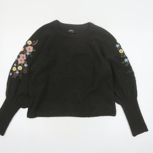 ONLY Women's Black Embroidered Floral Balloon Sleeve Jumper Size M