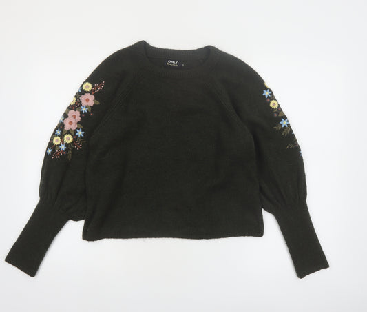 ONLY Women's Black Embroidered Floral Balloon Sleeve Jumper Size M