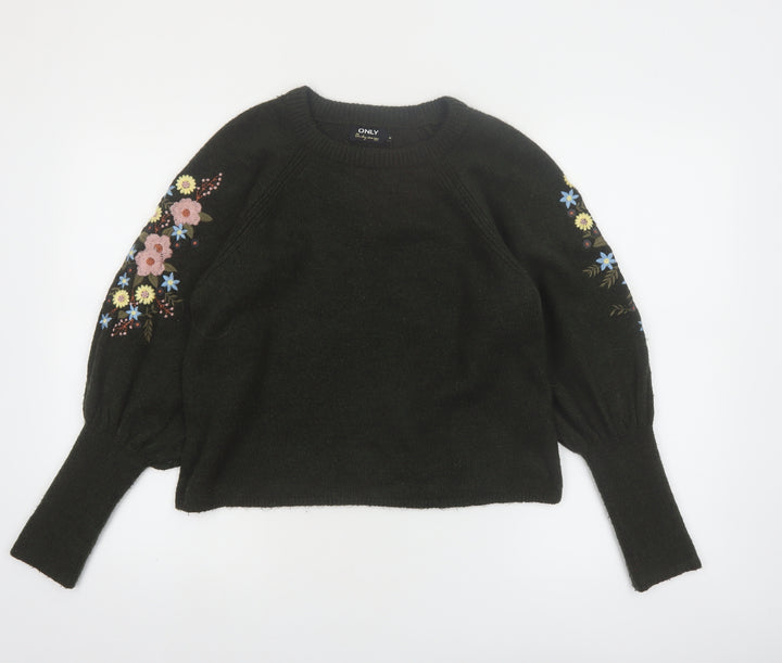 ONLY Women's Black Embroidered Floral Balloon Sleeve Jumper Size M