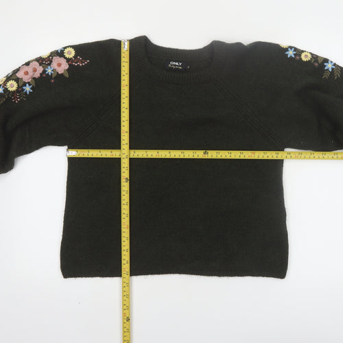 ONLY Women's Black Embroidered Floral Balloon Sleeve Jumper Size M