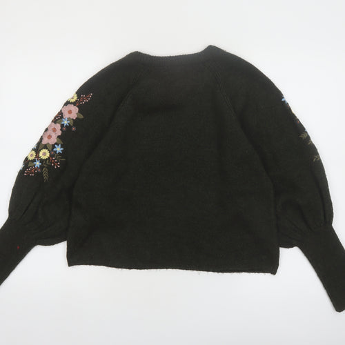 ONLY Women's Black Embroidered Floral Balloon Sleeve Jumper Size M