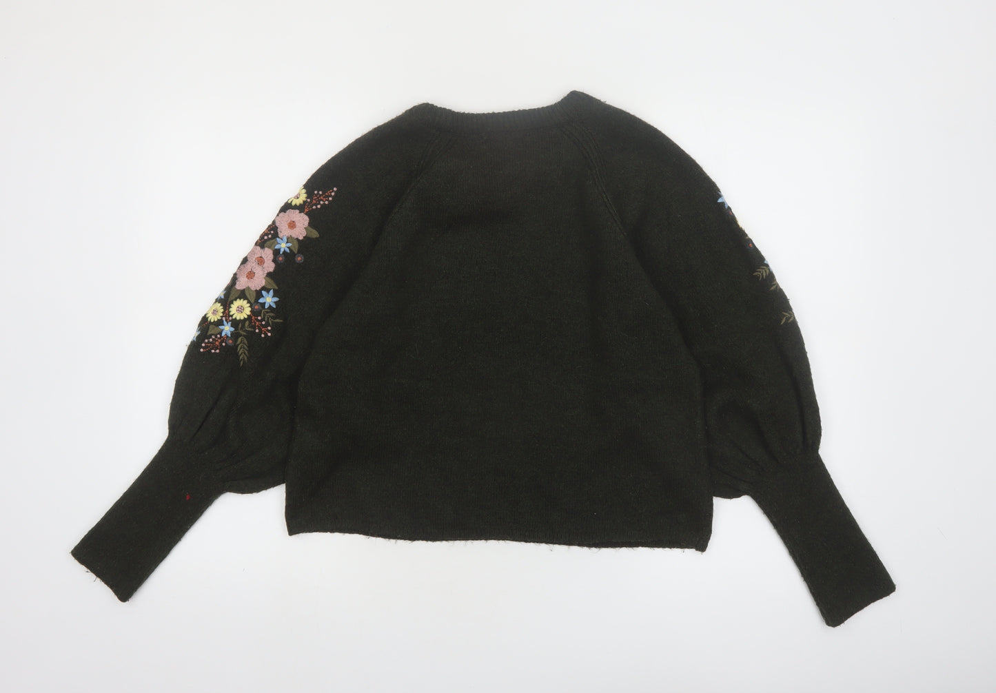 ONLY Women's Black Embroidered Floral Balloon Sleeve Jumper Size M