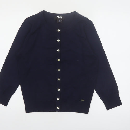 DKNY Women Blue Crew Neck Button Cardigan L Lightweight Knit