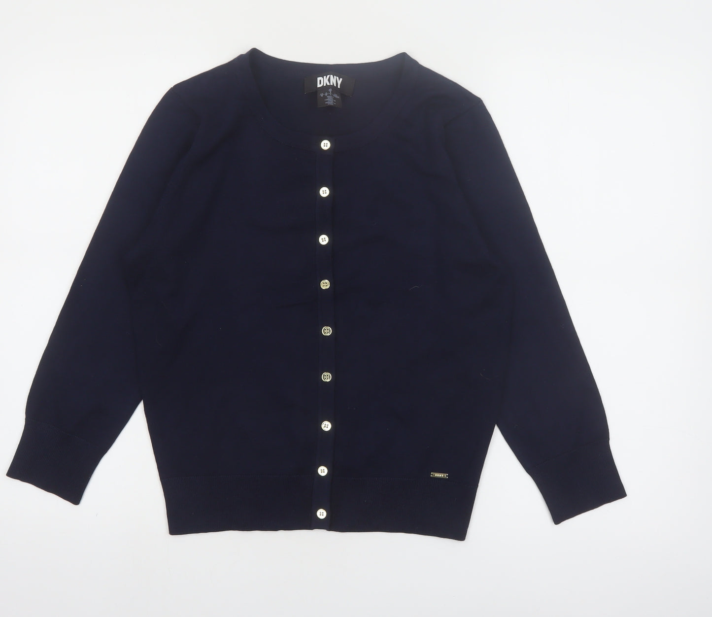 DKNY Women Blue Crew Neck Button Cardigan L Lightweight Knit