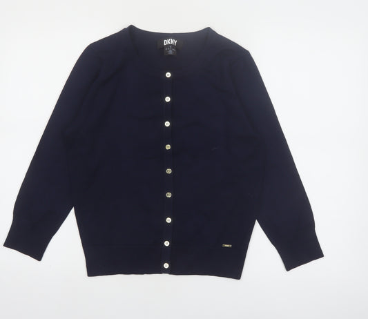 DKNY Women Blue Crew Neck Button Cardigan L Lightweight Knit