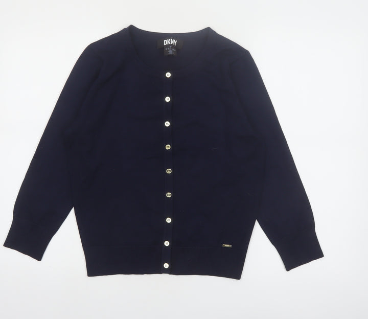 DKNY Women Blue Crew Neck Button Cardigan L Lightweight Knit