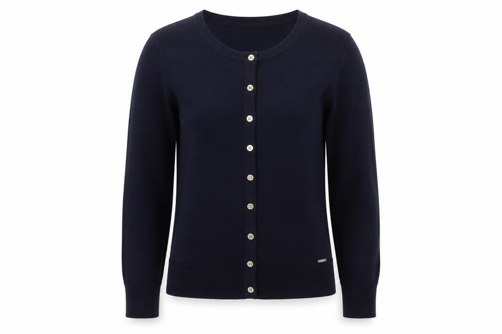 DKNY Women Blue Crew Neck Button Cardigan L Lightweight Knit