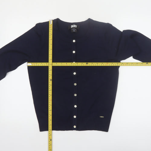 DKNY Women Blue Crew Neck Button Cardigan L Lightweight Knit