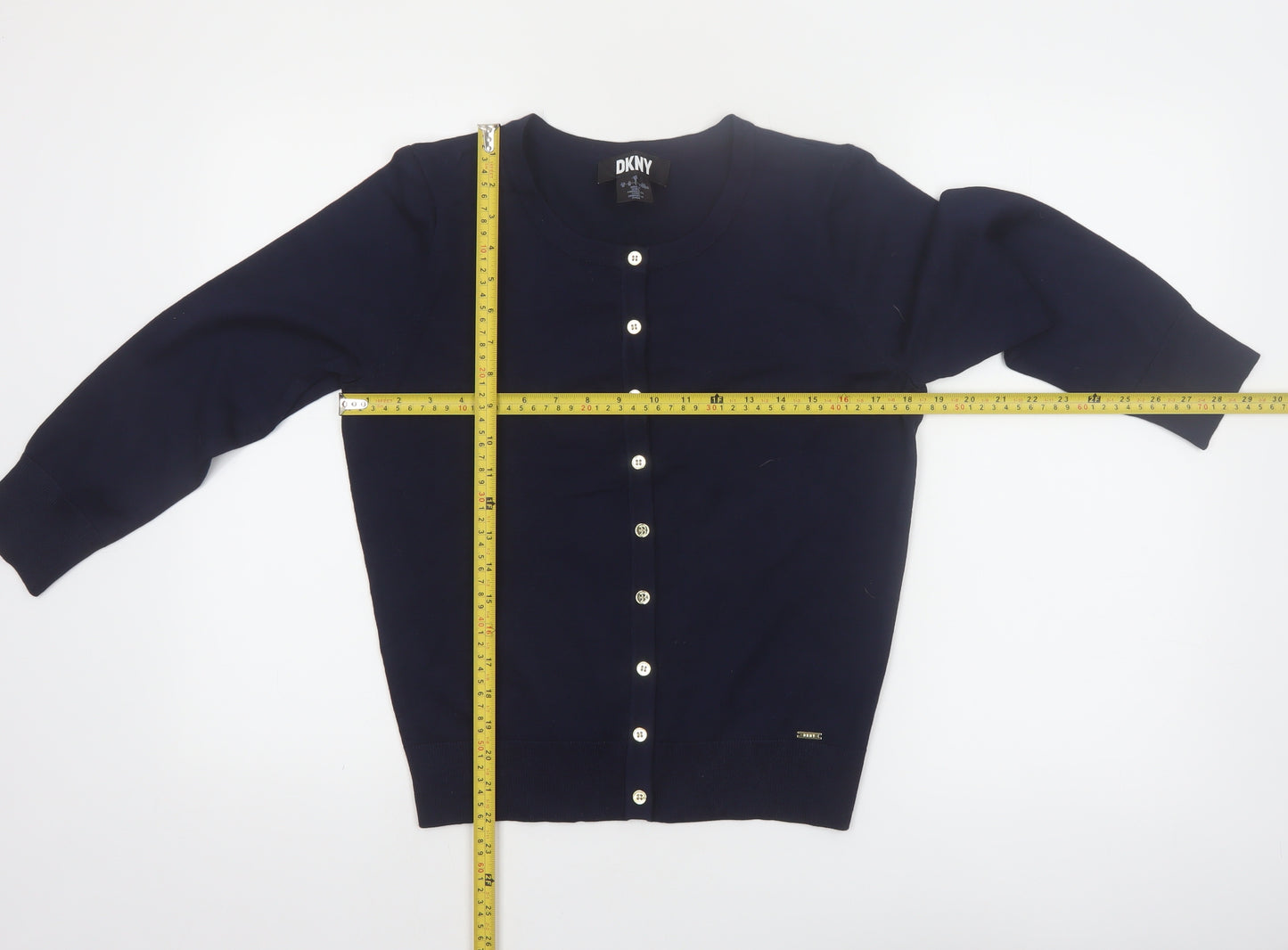 DKNY Women Blue Crew Neck Button Cardigan L Lightweight Knit