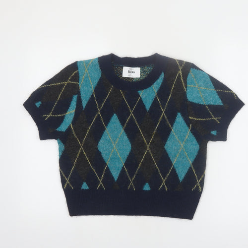 Primark Rita Ora Women's Blue Argyle Short Sleeve Jumper L Knit