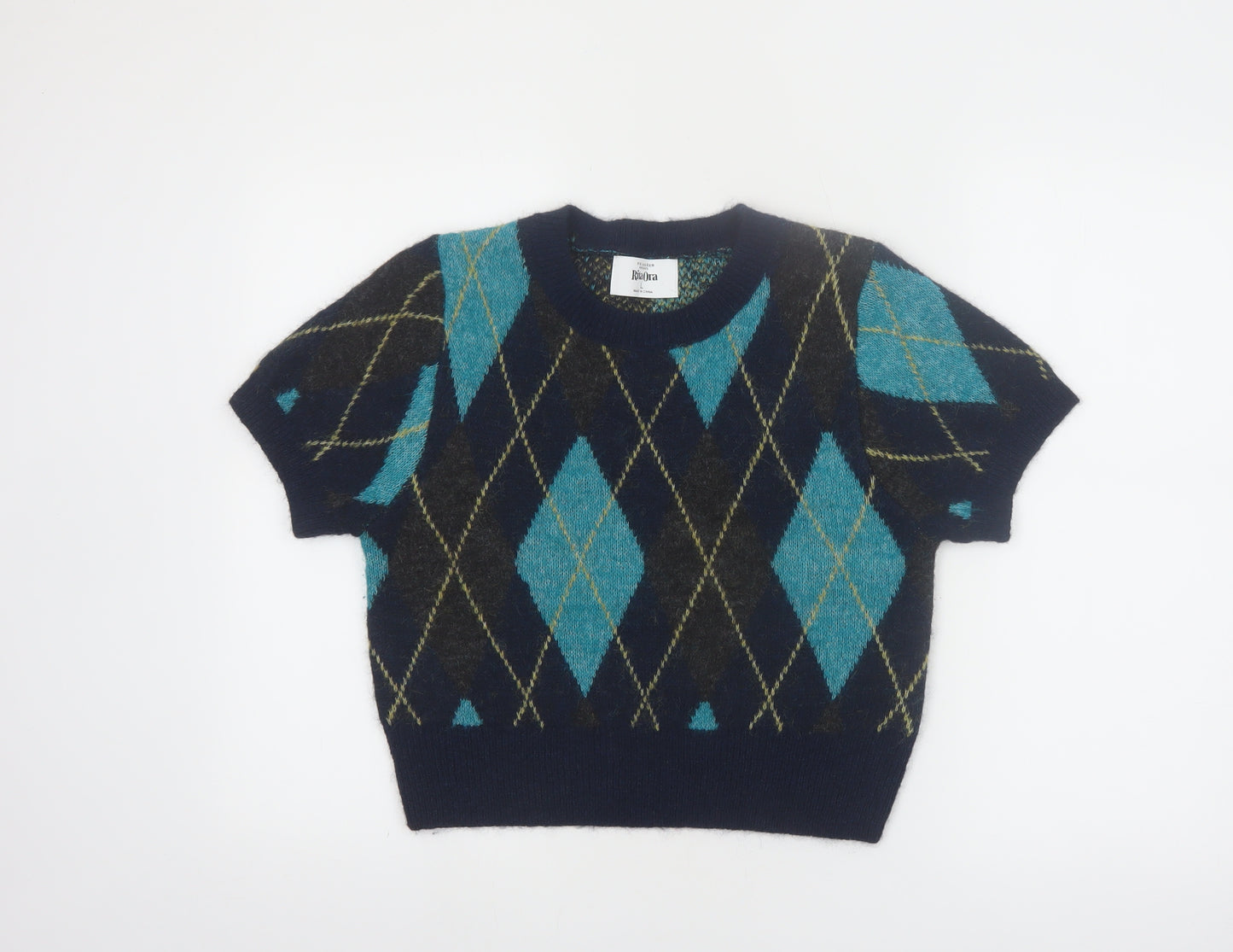 Primark Rita Ora Women's Blue Argyle Short Sleeve Jumper L Knit