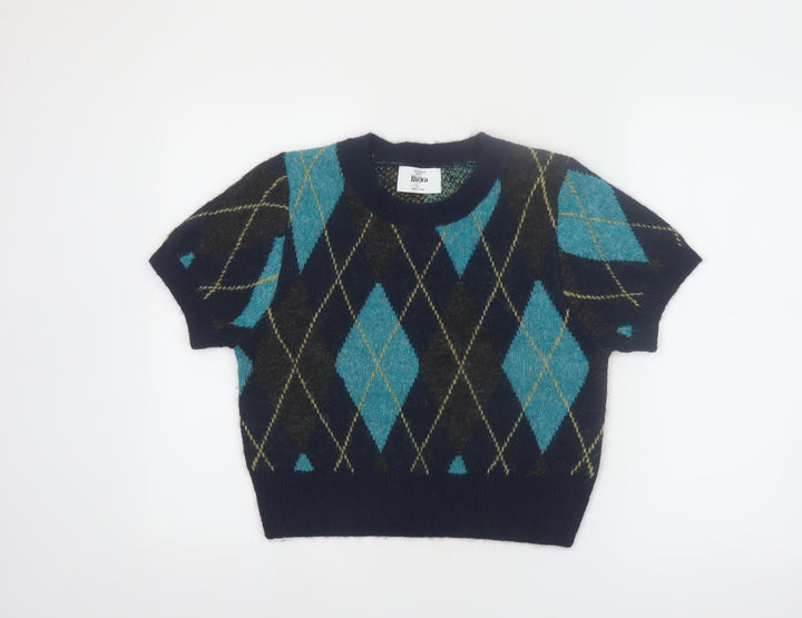 Primark Rita Ora Women's Blue Argyle Short Sleeve Jumper L Knit