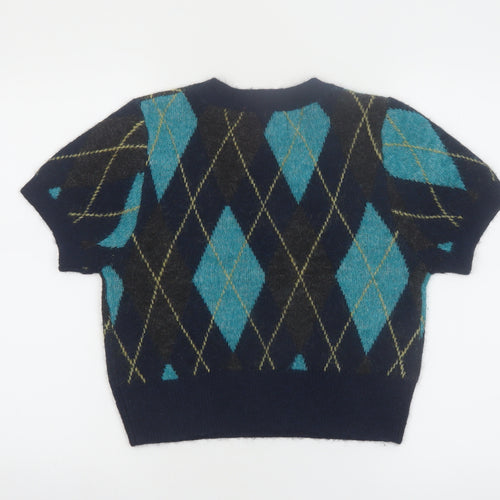 Primark Rita Ora Women's Blue Argyle Short Sleeve Jumper L Knit