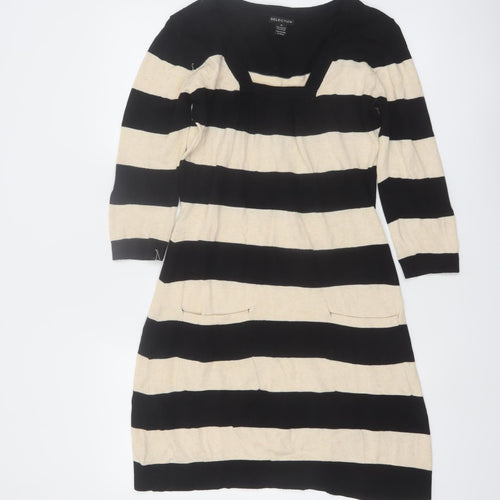 Selection Women's Black Beige Striped Knit Shift Dress M