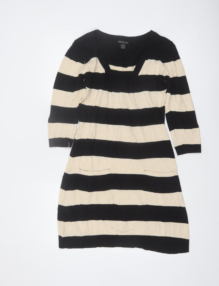 Selection Women's Black Beige Striped Knit Shift Dress M