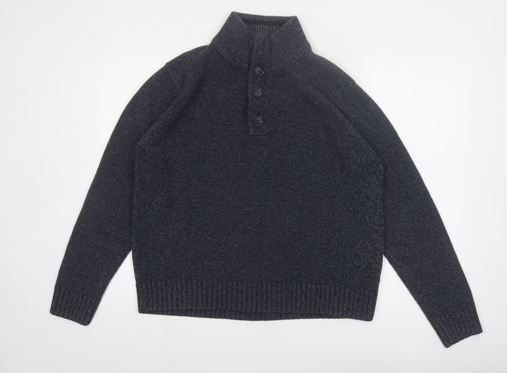 Marks and Spencer Men's Grey Henley Knit Jumper Medium