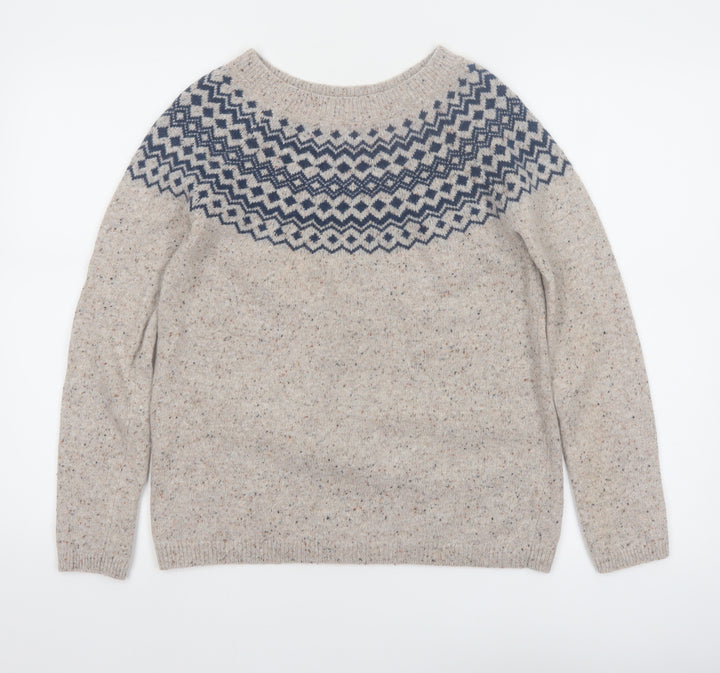 Seasalt Cornwall Womens Beige Wool Jumper UK 8 Crew Neck Geometric Knit