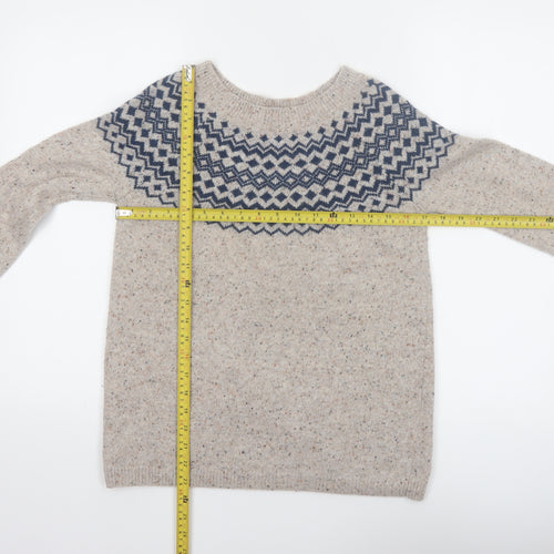 Seasalt Cornwall Womens Beige Wool Jumper UK 8 Crew Neck Geometric Knit