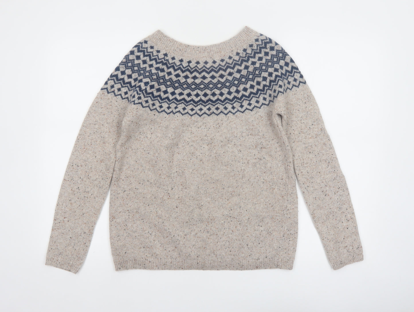 Seasalt Cornwall Womens Beige Wool Jumper UK 8 Crew Neck Geometric Knit