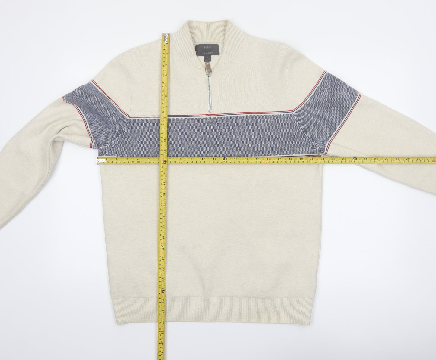 Marks and Spencer Men's Beige 1/2 Zip Cotton Blend Jumper M