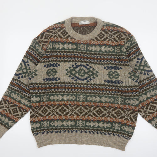 Marks and Spencer Men’s Beige Fair Isle Knit Jumper L Wool Retro Pullover
