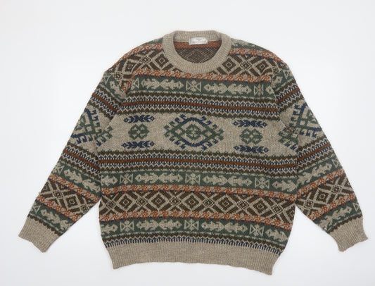 Marks and Spencer Men’s Beige Fair Isle Knit Jumper L Wool Retro Pullover