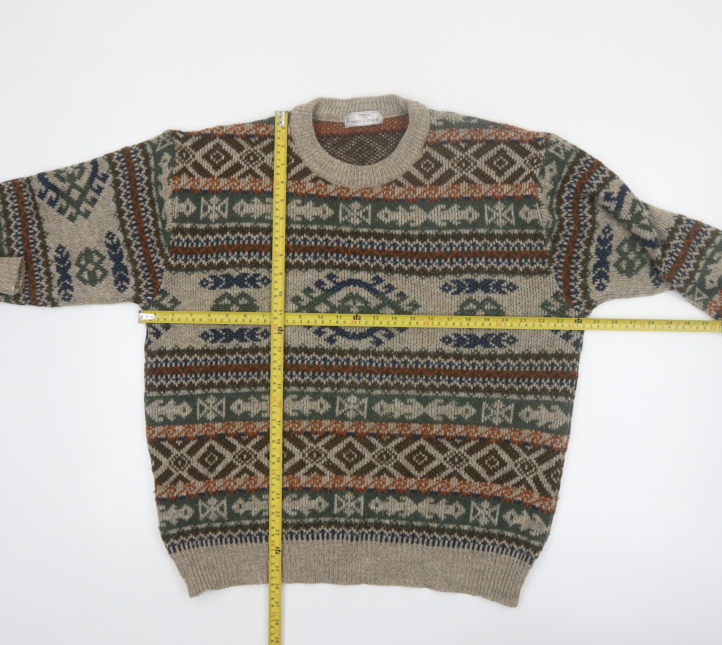 Marks and Spencer Men’s Beige Fair Isle Knit Jumper L Wool Retro Pullover