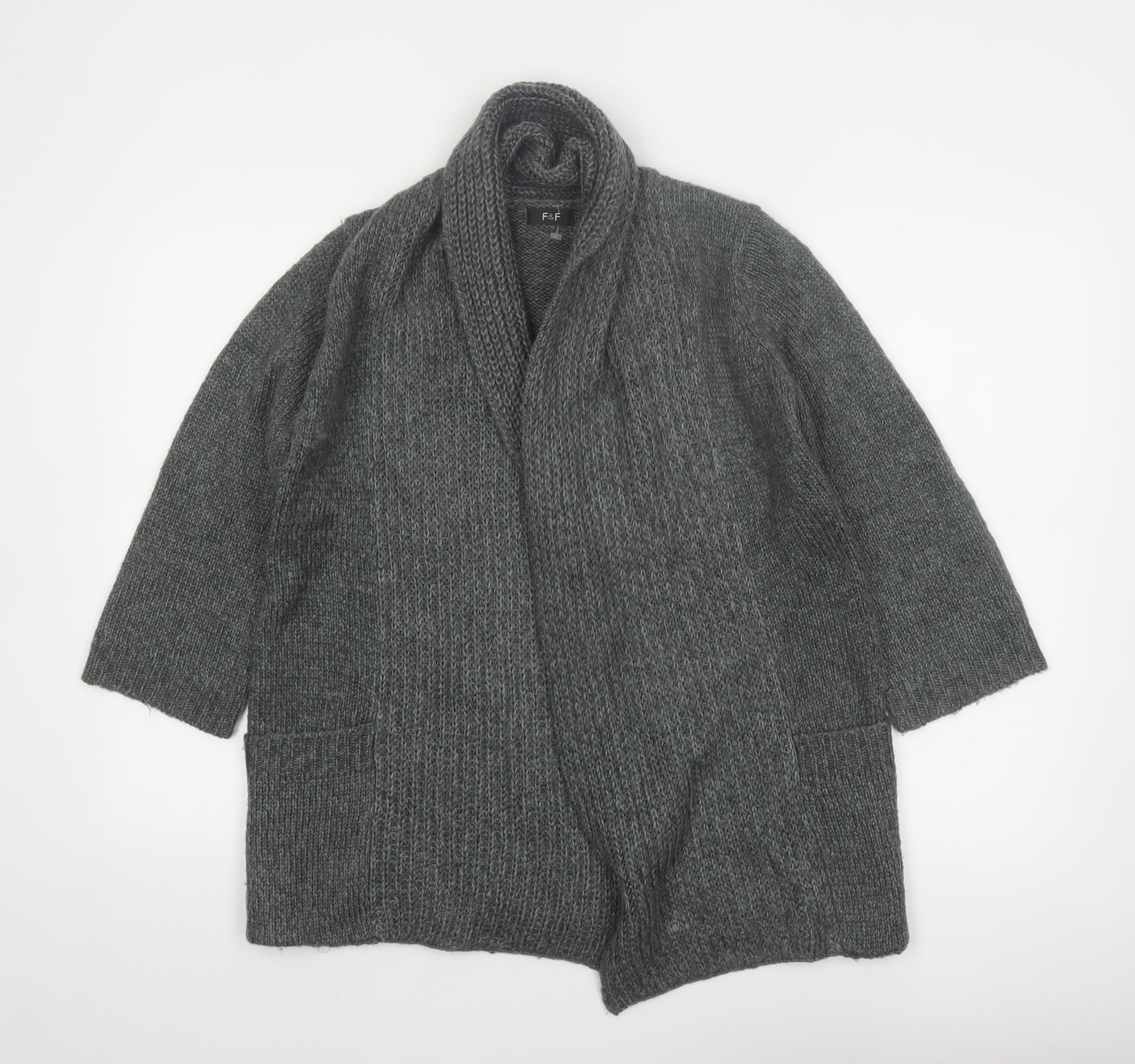 F&F Women's Grey Acrylic Knit Cardigan Size 12 Open Front Long Sleeve