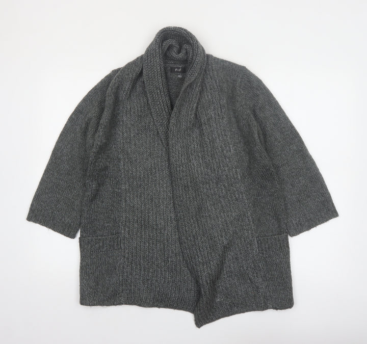 F&F Women's Grey Acrylic Knit Cardigan Size 12 Open Front Long Sleeve
