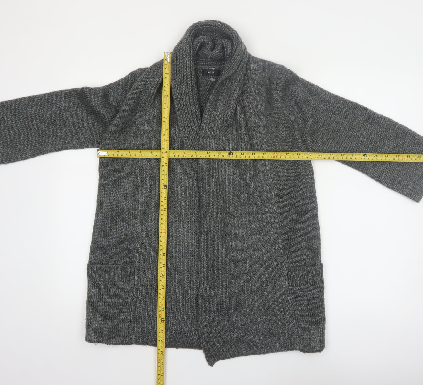 F&F Women's Grey Acrylic Knit Cardigan Size 12 Open Front Long Sleeve