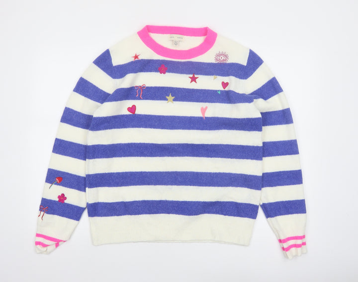 Love & Roses Women Blue Striped Embroidered Pullover Jumper Size 12