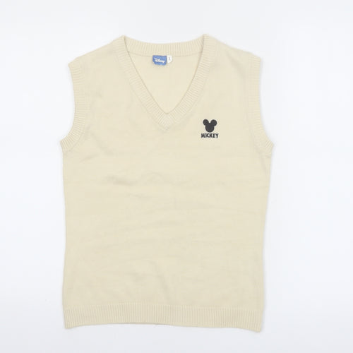 Disney Womens Beige Mickey Knit V-Neck Sleeveless Vest L
