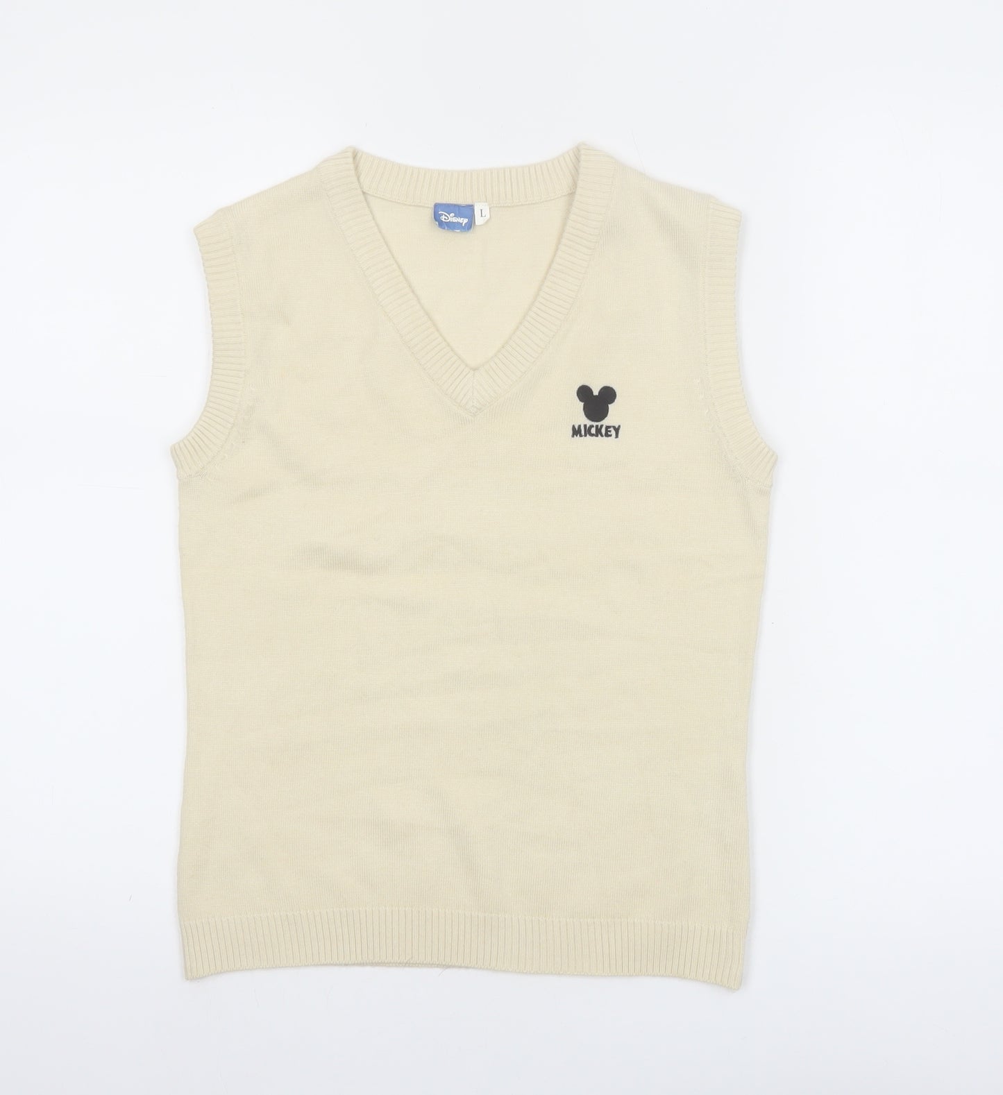 Disney Womens Beige Mickey Knit V-Neck Sleeveless Vest L