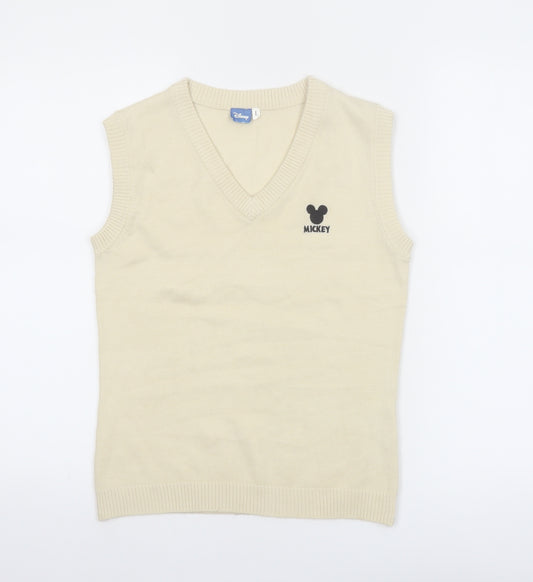 Disney Womens Beige Mickey Knit V-Neck Sleeveless Vest L