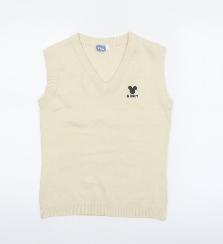 Disney Womens Beige Mickey Knit V-Neck Sleeveless Vest L